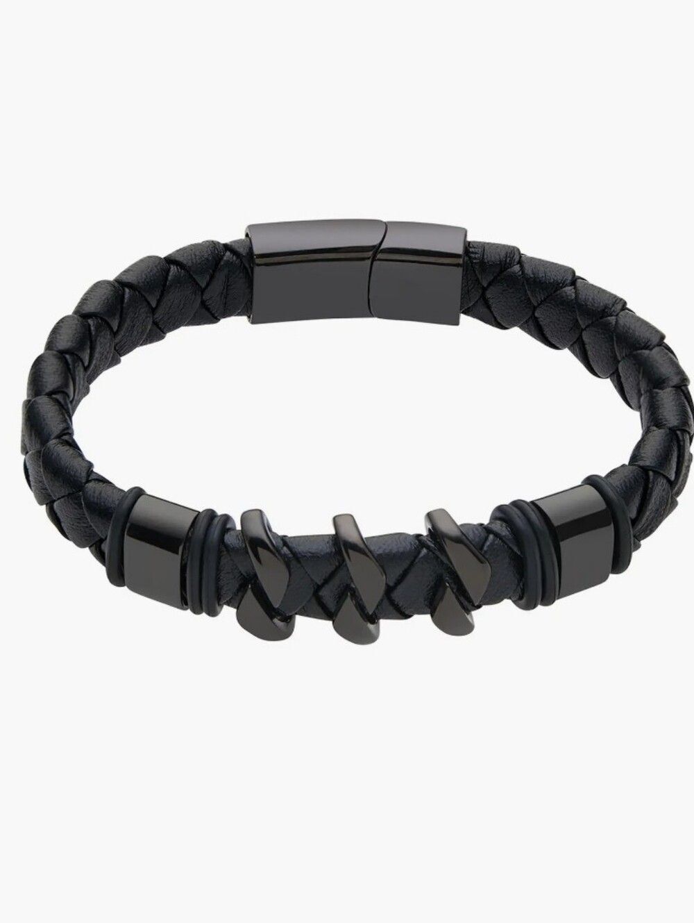 Braided Black Leather & Gunmetal Bracelet